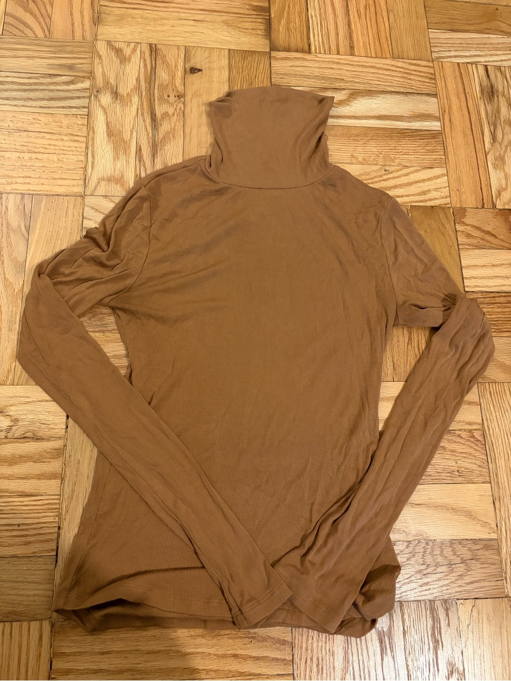 Aritzia Sunday Best Ribbed Turtleneck Long-Sleeve Top in Camel Brown